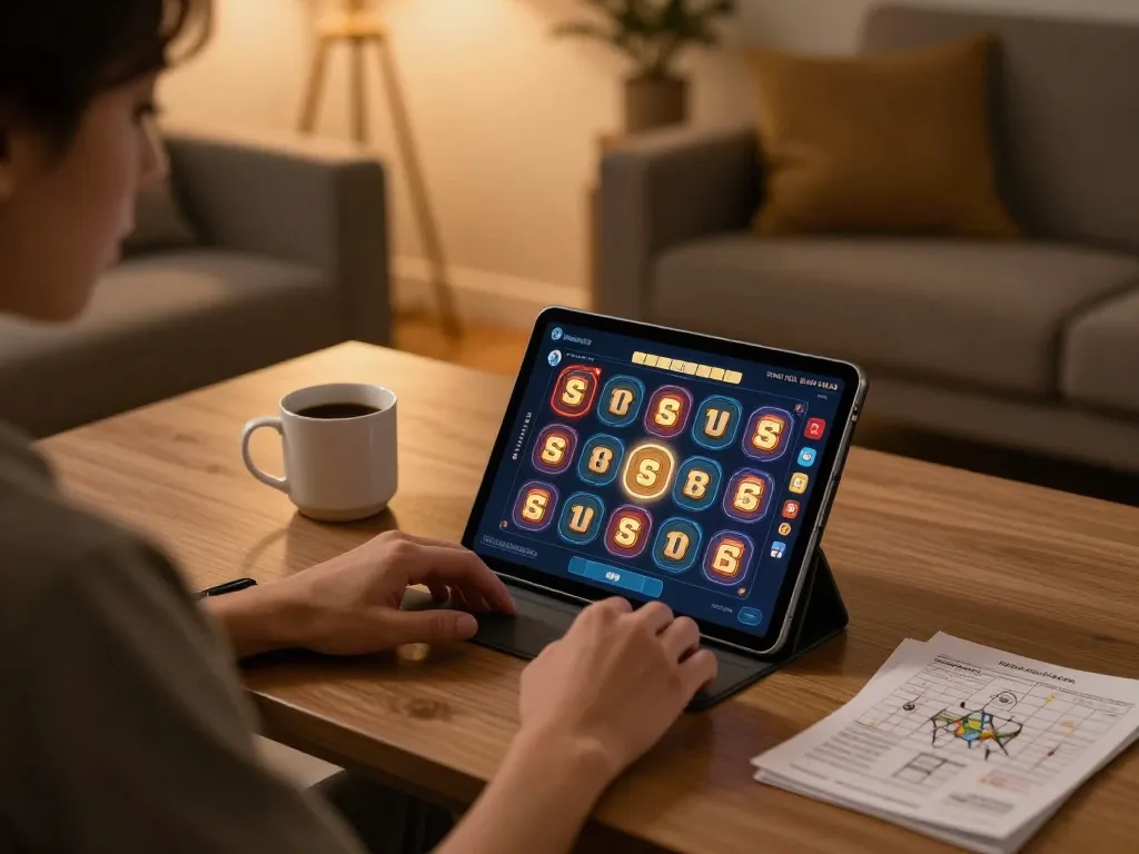 Engaging gameplay on tablet featuring slot gacor strategies in a cozy home setting.