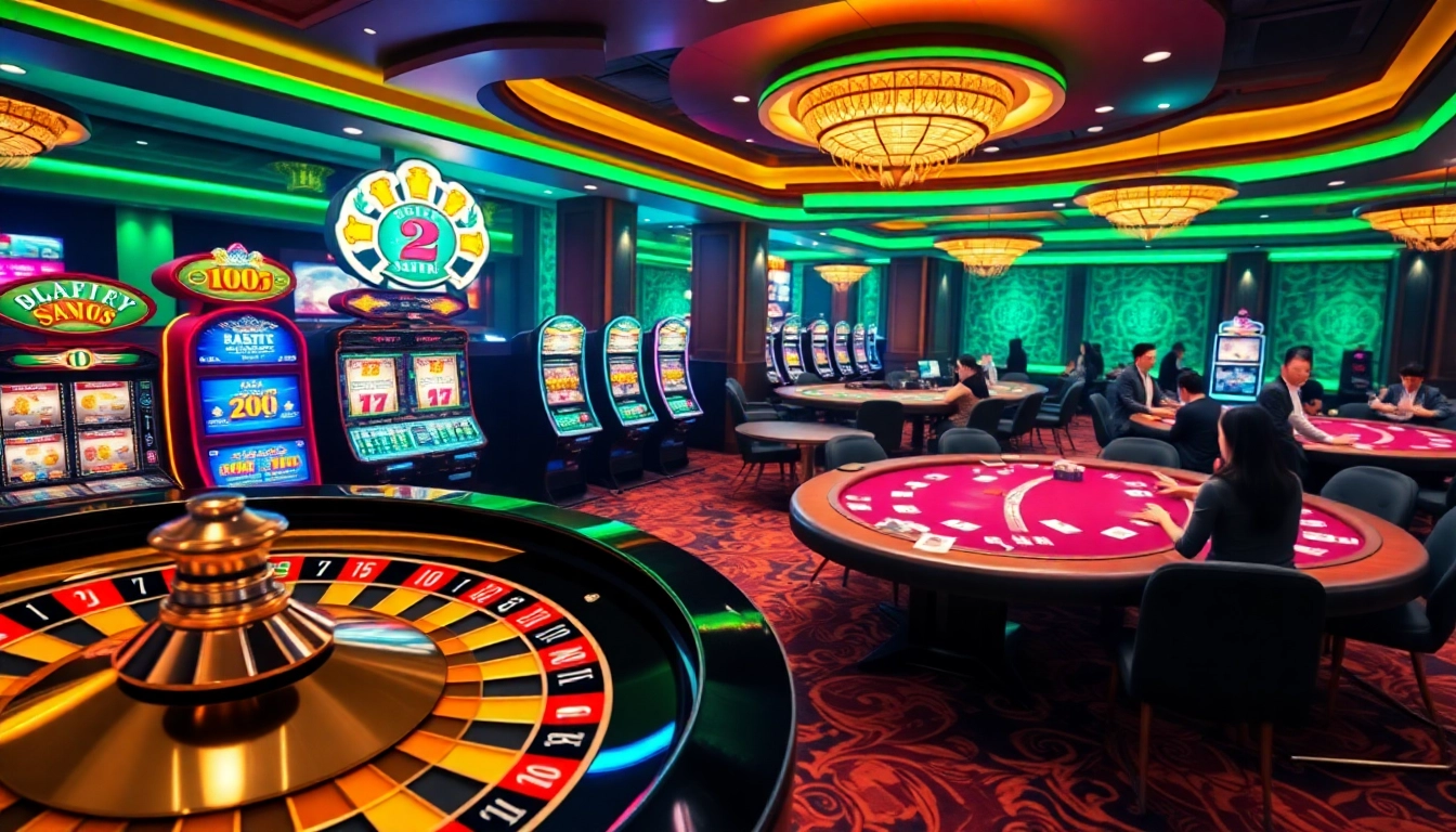 Experience the excitement of Nhà cái SKY88 with vibrant casino tables, spinning roulette wheel, and engaged gamers.