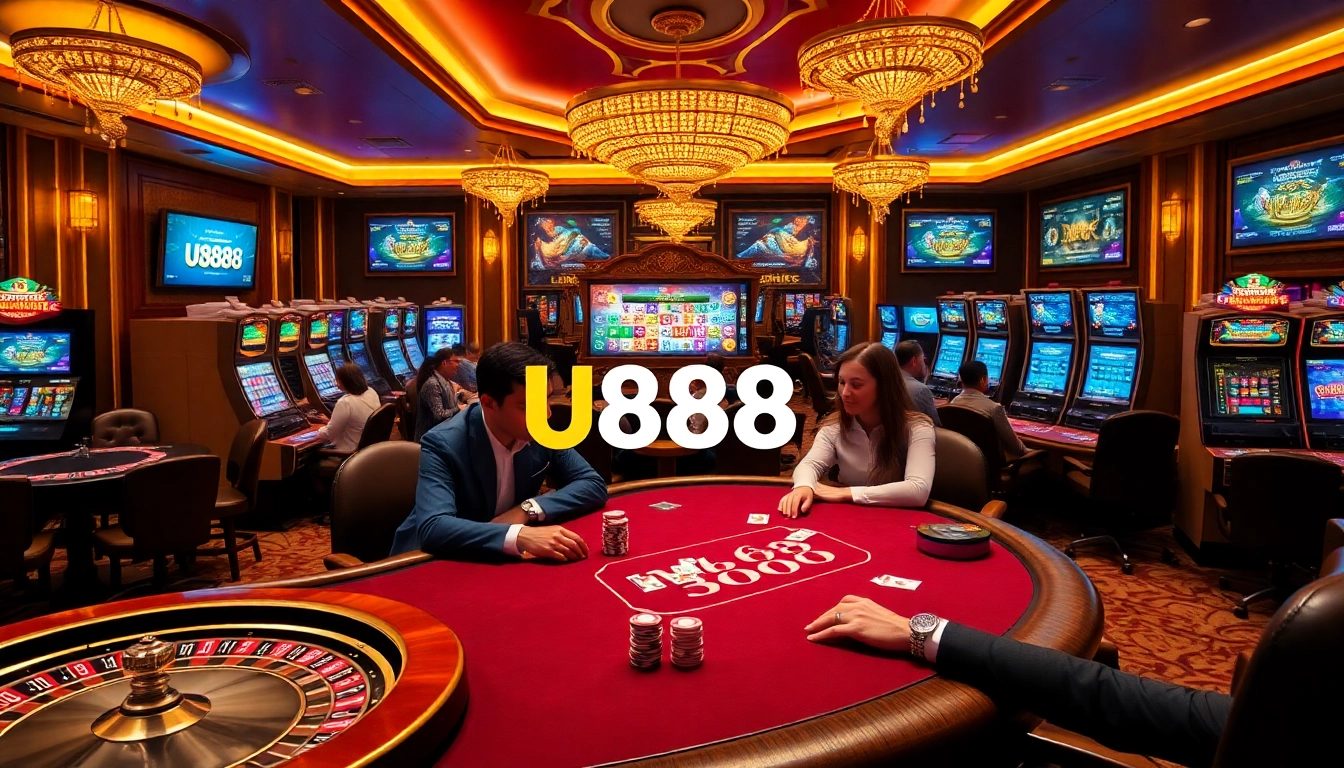 High-stakes poker at U888 casino with vibrant atmosphere and colorful chips.