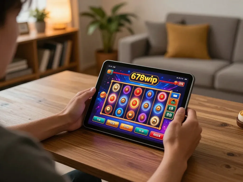 Engaging moment of a user playing 678vip slot games on a tablet in a cozy home environment.