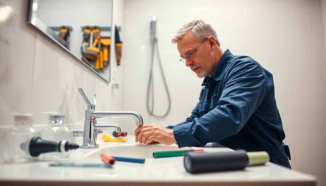 Skilled plumber near me adjusting a leaky faucet in a bright bathroom.