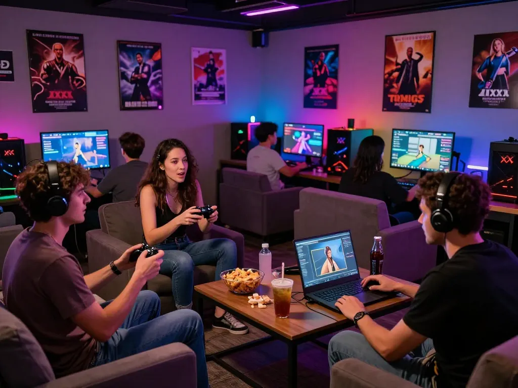 Group of players enjoying interactive xxx games in a vibrant gaming lounge.