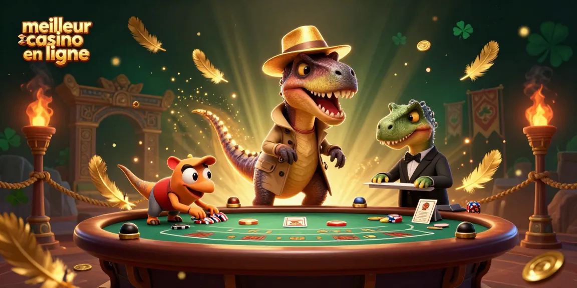 Illustration animée d'un velociraptor au casino, meilleur casino en ligne pour des jeux de blackjack.