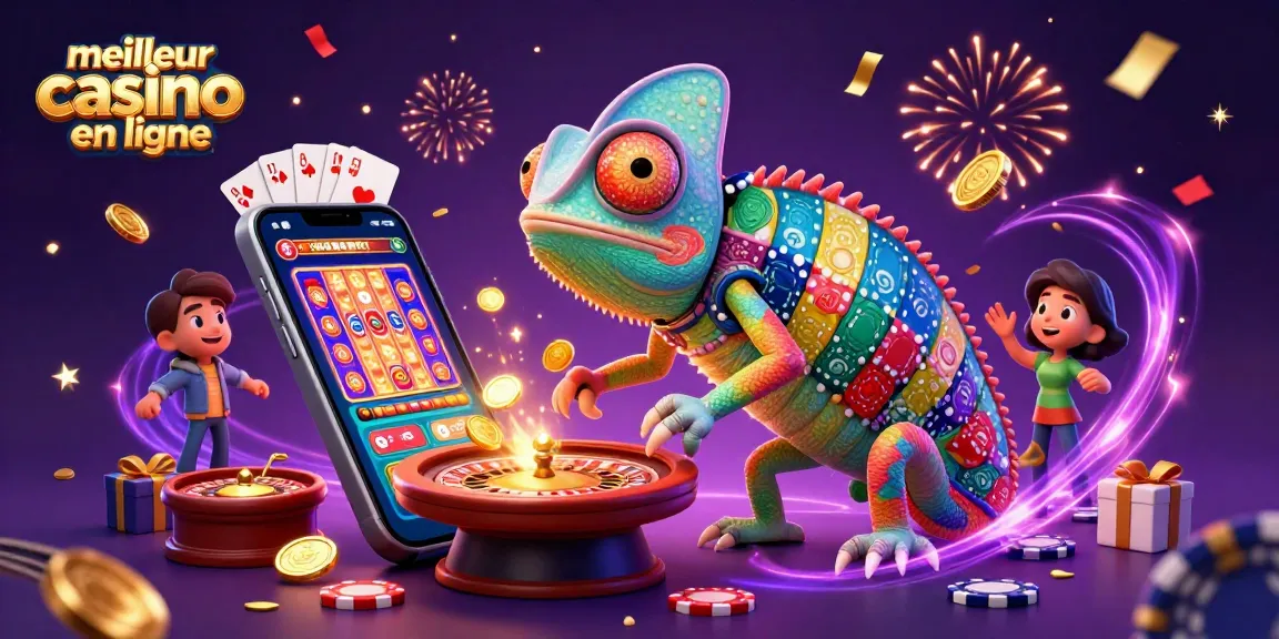 Visualisez le meilleur casino en ligne avec un caméléon animateur entouré de jeux de casino dynamiques.