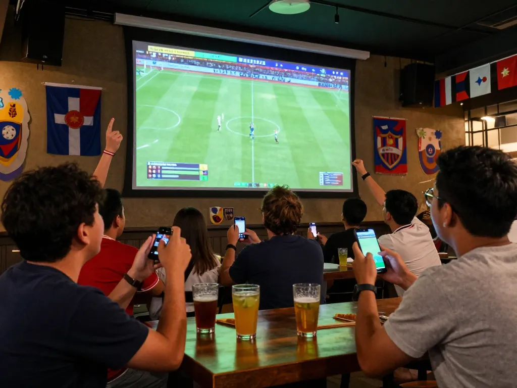Bóng đá lu fans engaging in live betting while cheering for their favorite football team in a vibrant sports bar.
