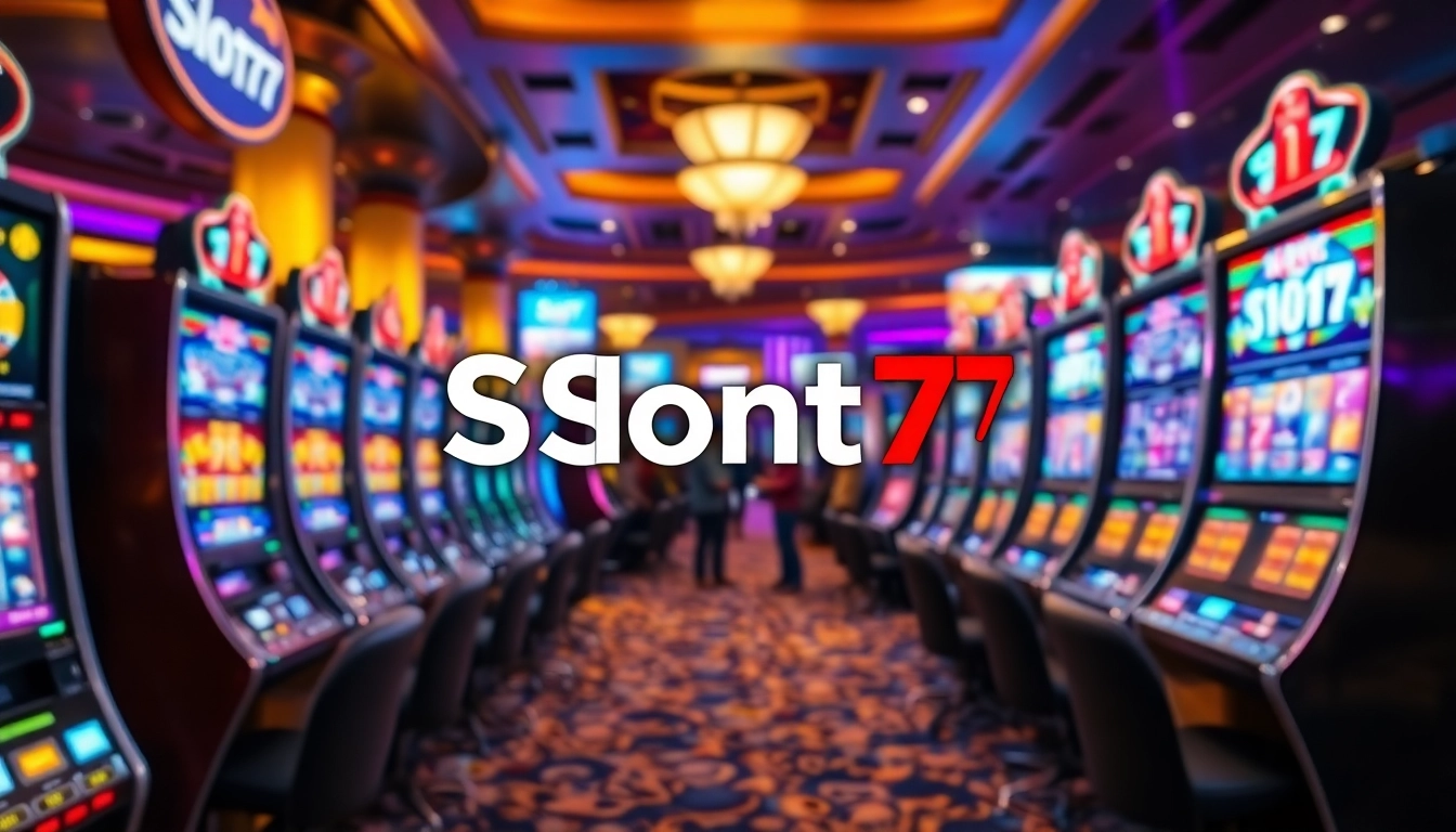 Menyajikan pengalaman Slot77 dengan mesin slot dan suasana kasino yang ceria.