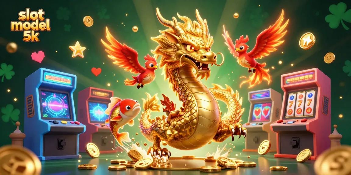 Play slots with the vibrant slot modal 5k, featuring an illustration of a golden dragon, phoenix, and koi fish.