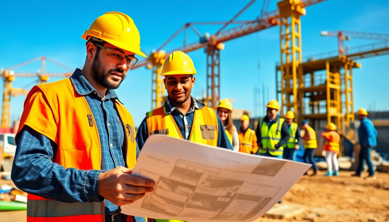 Careers in construction: Professional worker collaborating on a busy job site with vibrant colors.