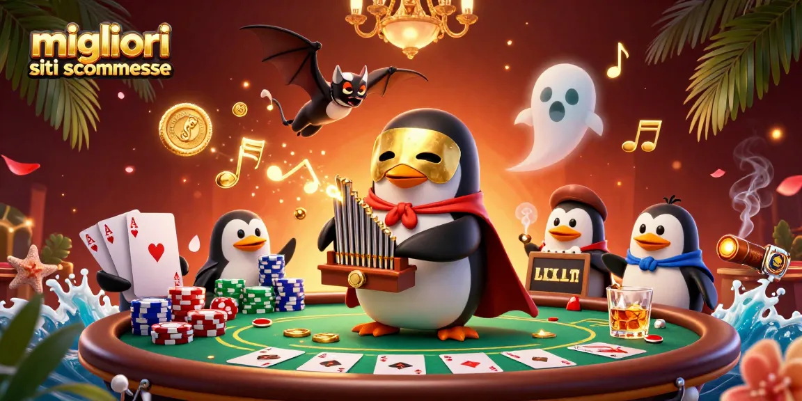 Scopri i migliori siti scommesse con un'illustrazione di un pinguino fantasma che gioca a poker, circondato da elementi di casinò vivaci.