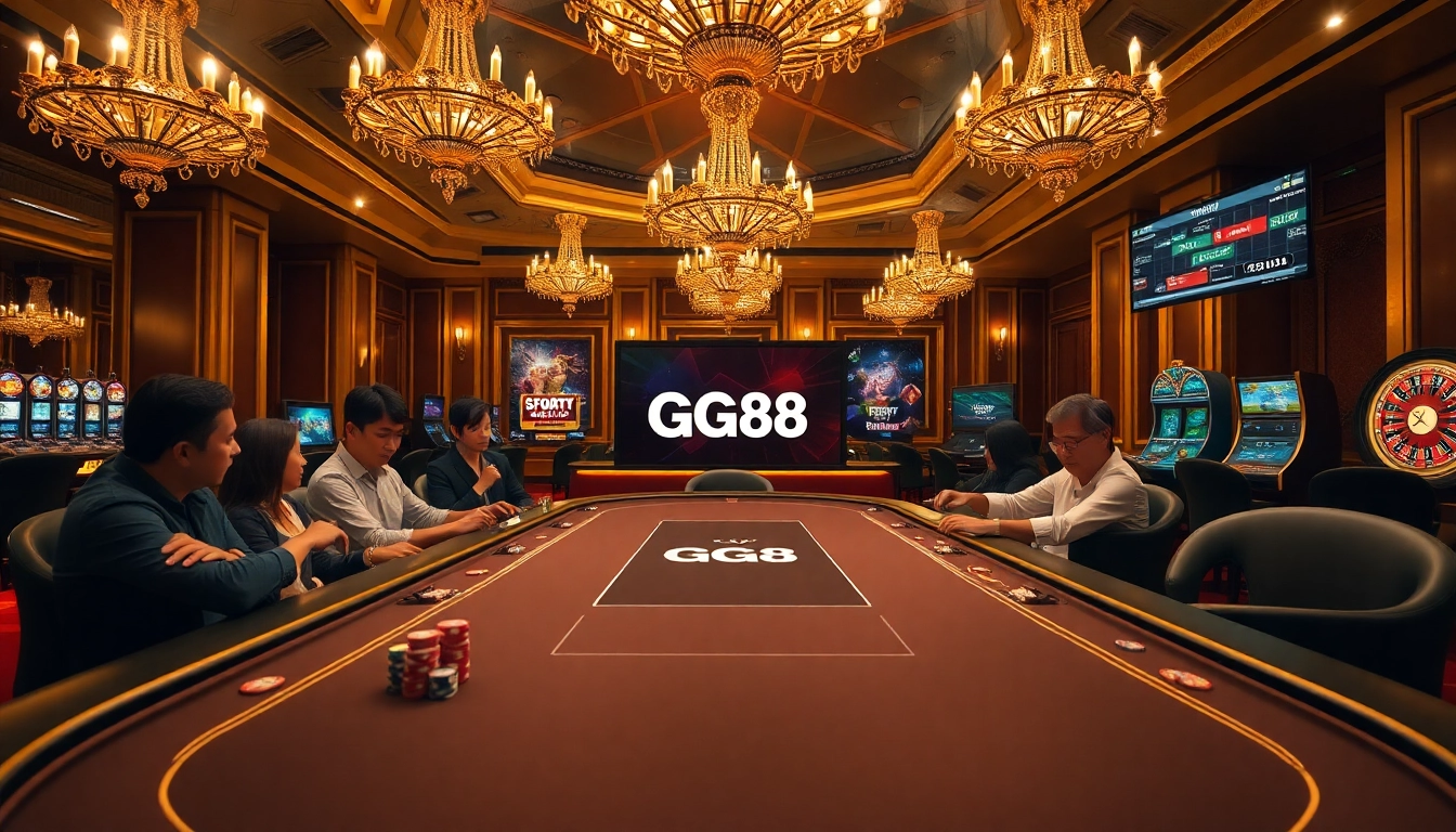 Experience the excitement of GG88 at a luxurious poker table in a vibrant casino setting.