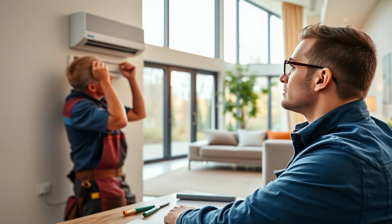 Technician installing energy-efficient HVAC systems in a bright, modern home environment.