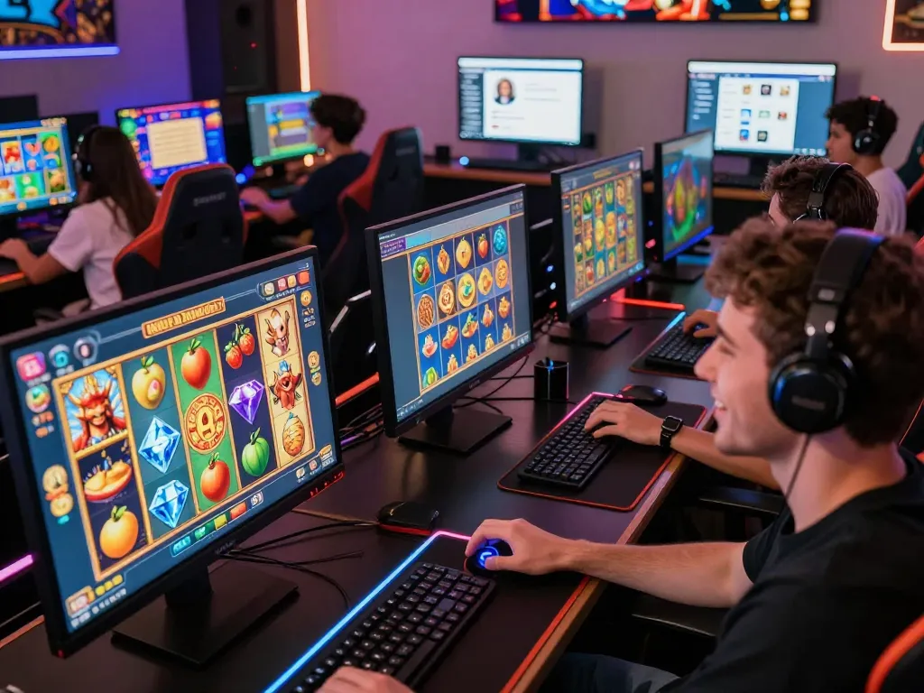 Engaged players at www.mantra88.com enjoying a vibrant online gaming experience with interactive slot machines and community features.