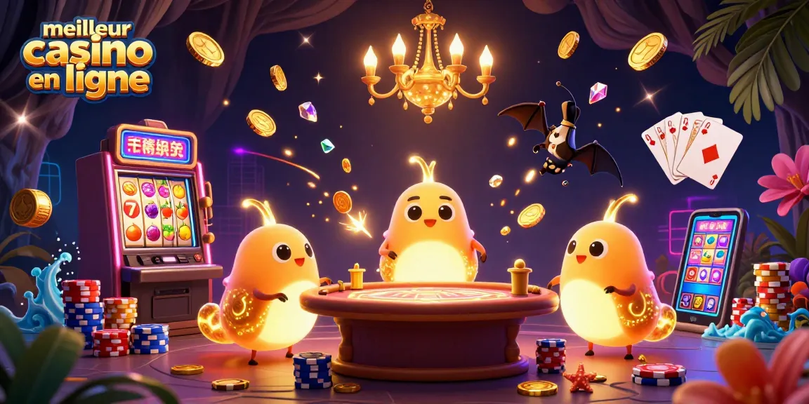 Visualisez le meilleur casino en ligne avec des vers luisants illuminant une salle de jeux remplie de pièces d'or et de cartes.