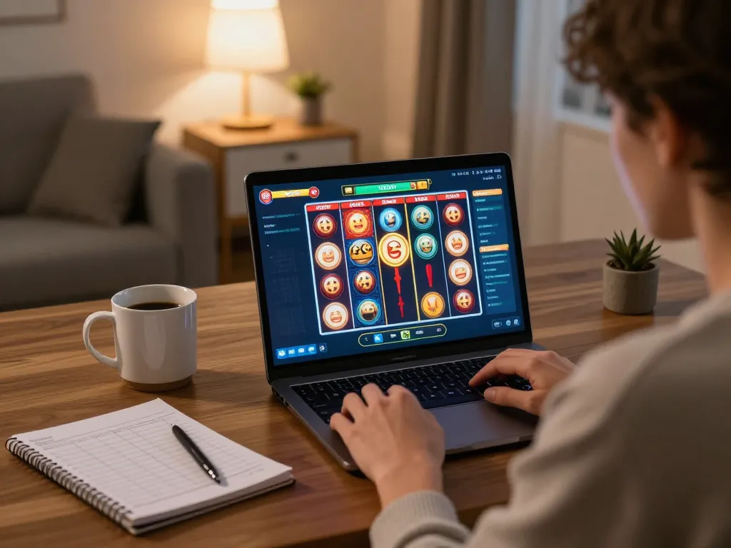 Engaging in slot gacor gameplay on a laptop in a cozy home setting with warm lighting