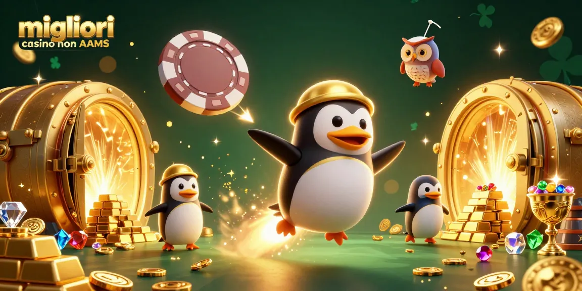 Immagine dei migliori casino non AAMS con un pinguino dorato in volo verso una stazione spaziale a forma di chip poker.