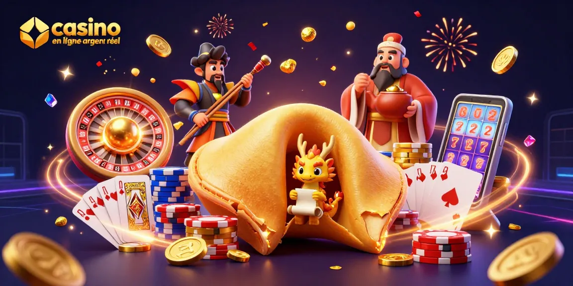 Jouer sur casino en ligne argent réel avec un dragon sage et un cookie d'or géant dans un univers vibrant.