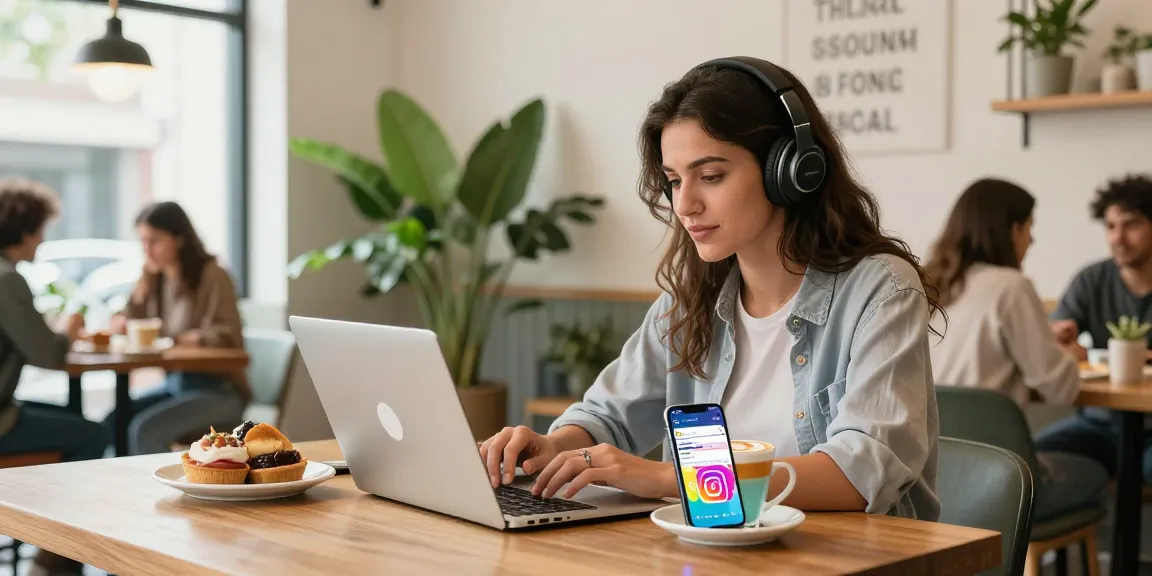Social media marketer focused on strategies to get more followers on Instagram in a vibrant café.