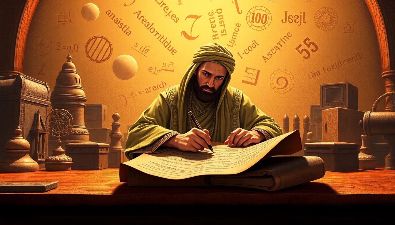 Discover the origin and historical context of algorithm etymology through an artistic representation.
