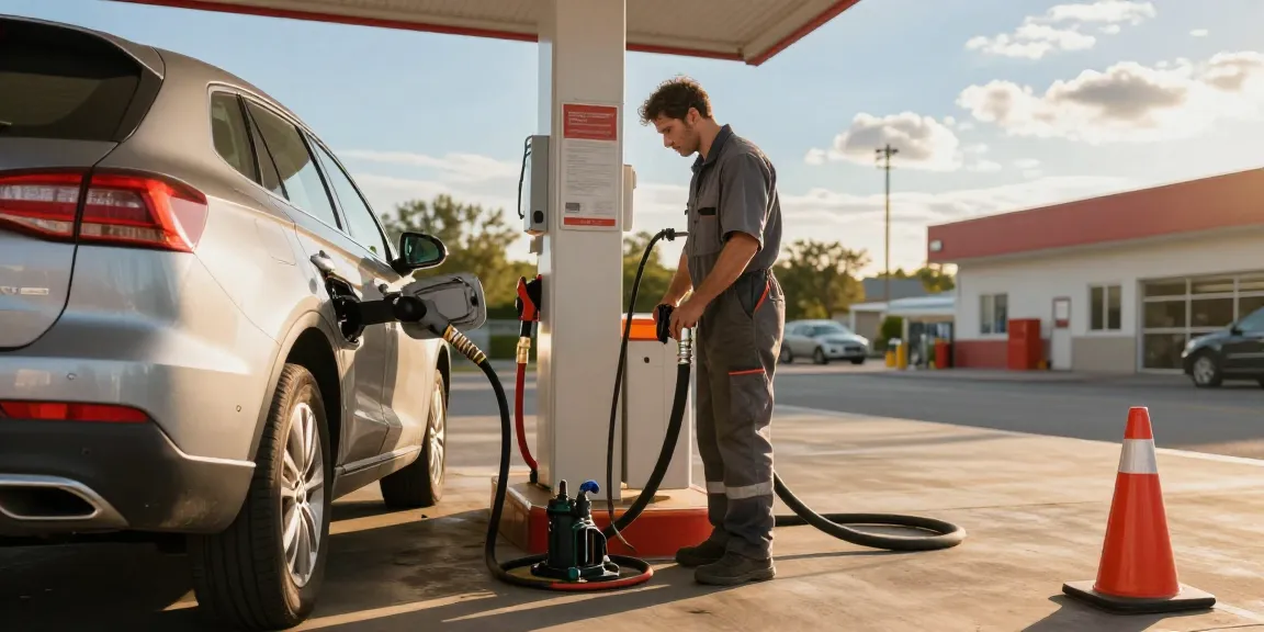 Diesel in petrol car service scene with technician draining wrong fuel at a fuel station