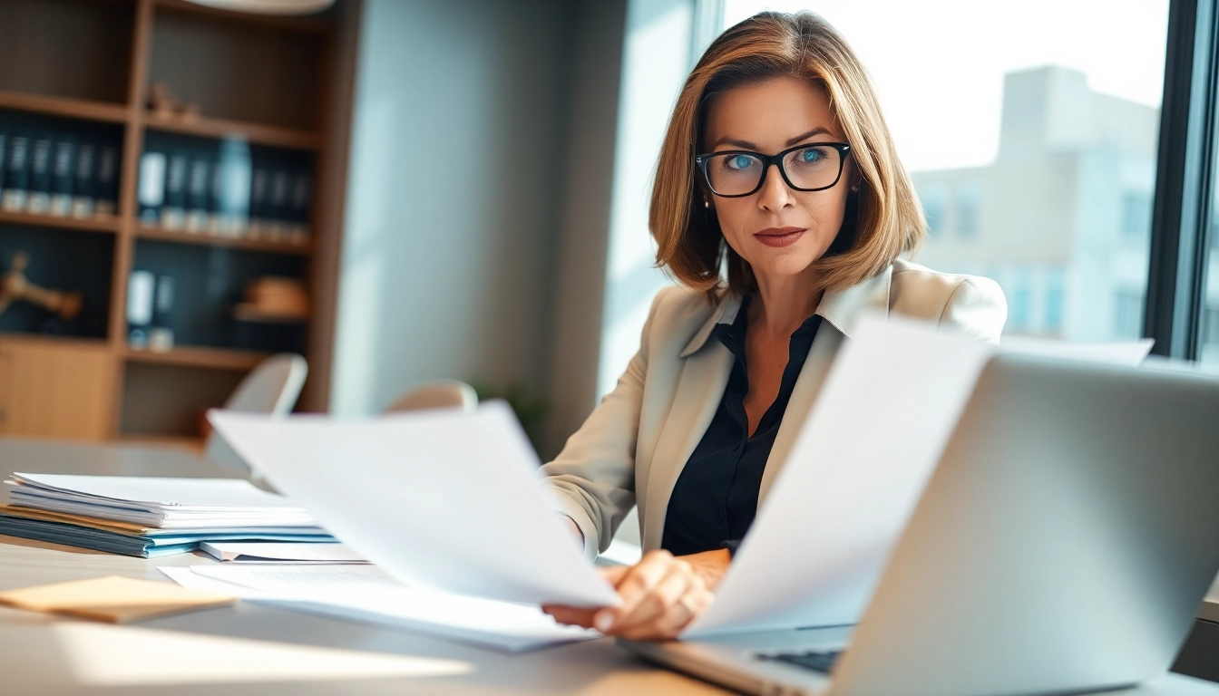 Houston Personal Injury Attorney reviewing important case documents in a modern office setting.