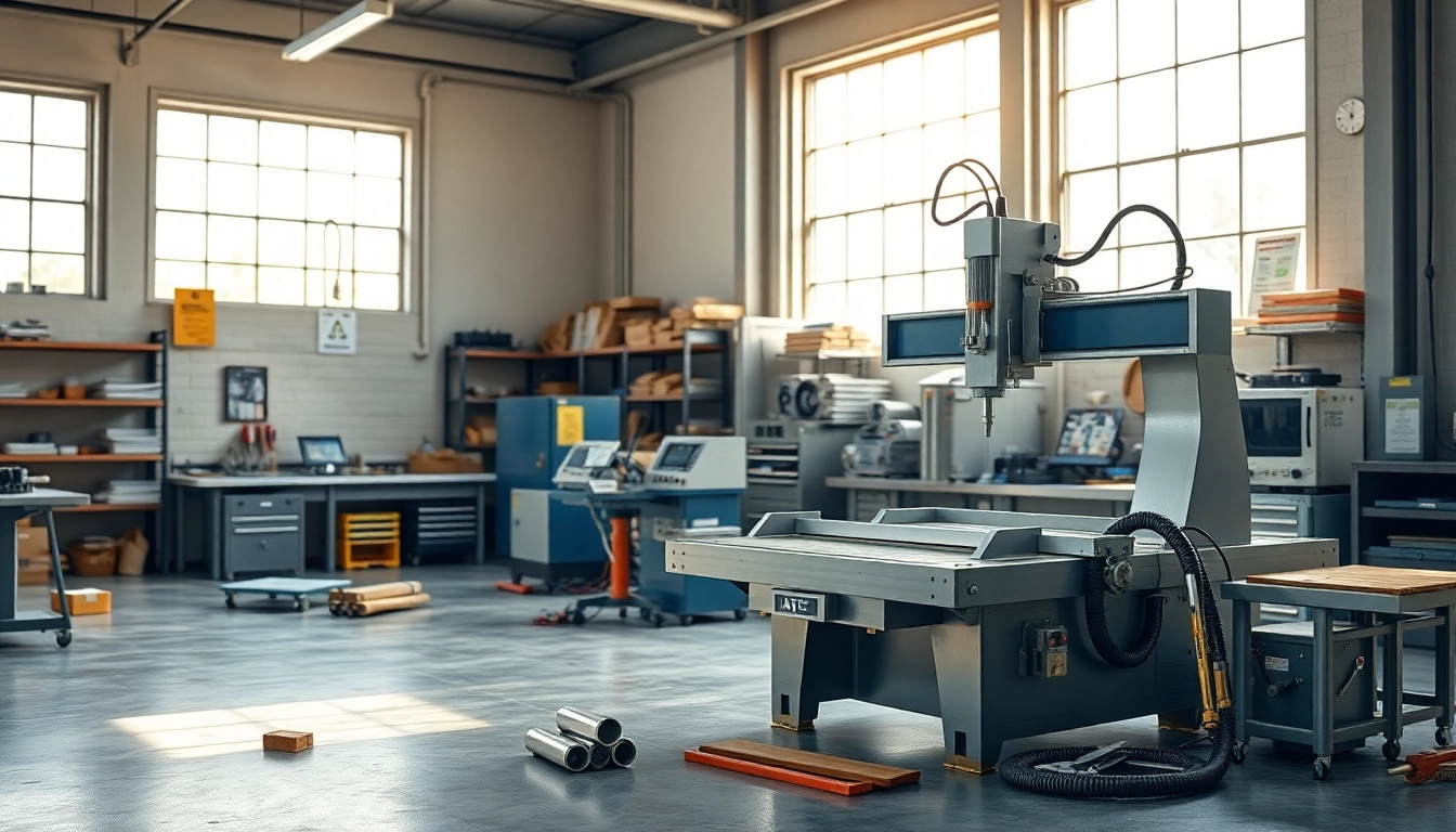 Showcase of cutting equipment in a vibrant workshop setting emphasizing precision and craftsmanship.