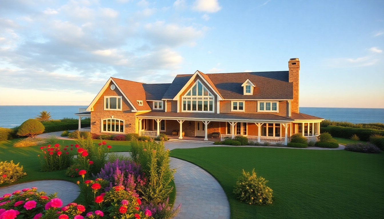 Stunning cape cod home with coastal views and manicured gardens, showcasing elegant architecture.