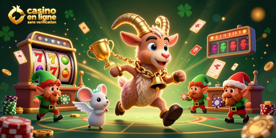 Une illustration 3D de casino en ligne sans vérification avec un Krampus, une souris et des gremlins volant des jetons.