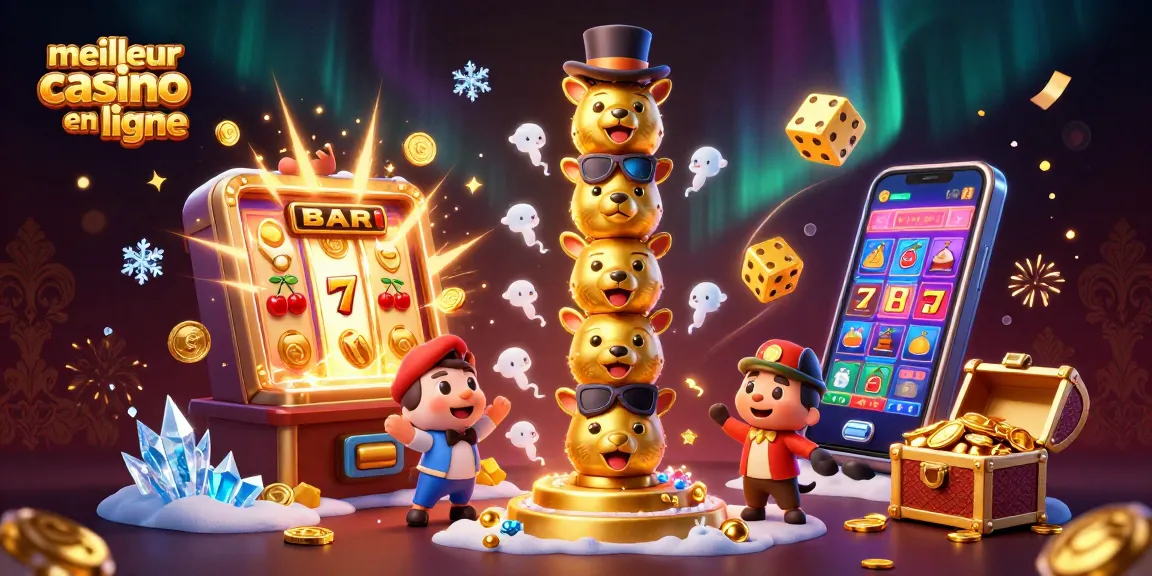 Jouer sur le meilleur casino en ligne avec une illustration vibrante de machines à sous et un totem joyeux.