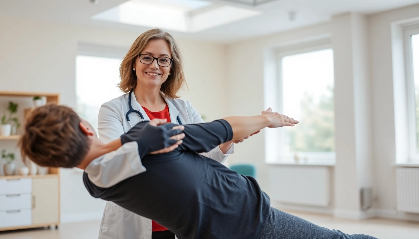 Helping a patient with griesbach physiotherapy in a modern clinic setting.