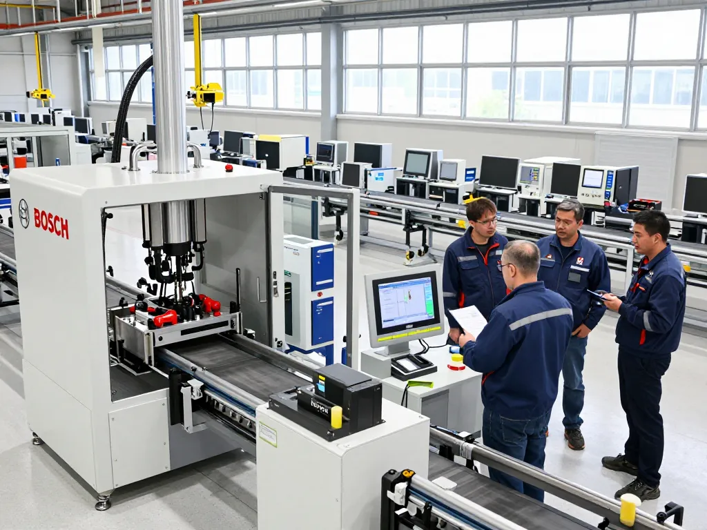 Collaboration on Bosch Rexroth hydraulic systems in a modern factory.