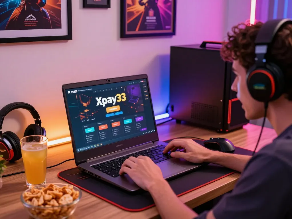 Excited player exploring xpay33 bonuses on laptop surrounded by gaming gear and vibrant decor.