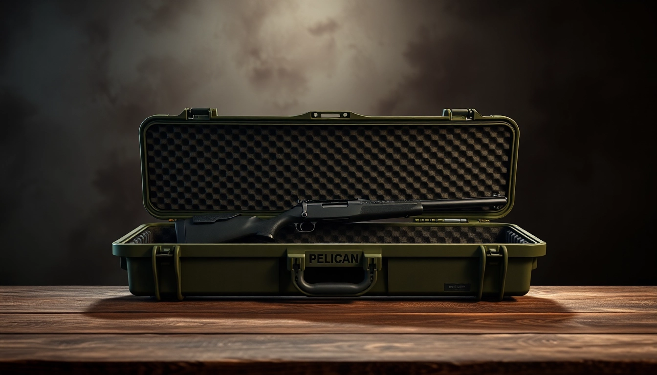 Showcase of pelican rifle case open to reveal a rifle, highlighting protection and quality.