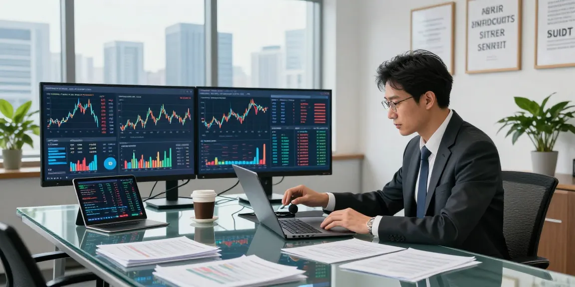 Analyst reviewing financial crime intelligence data in a modern corporate office with city skyline views.