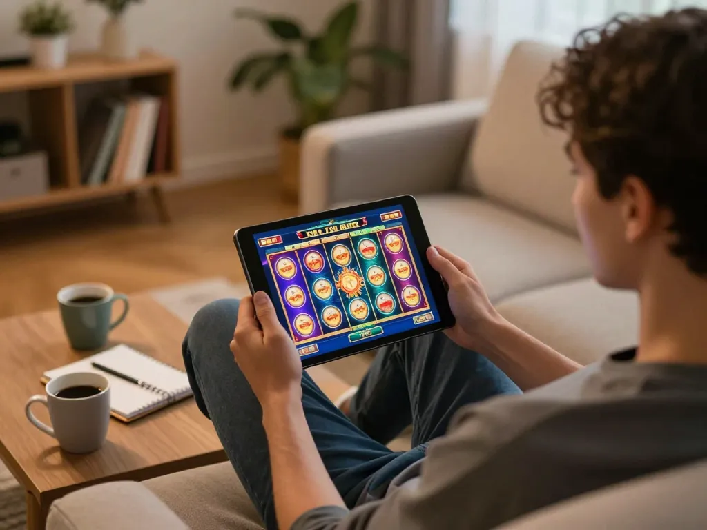 Engaging with slot games on a tablet in a cozy home setting for a thrilling online gambling experience