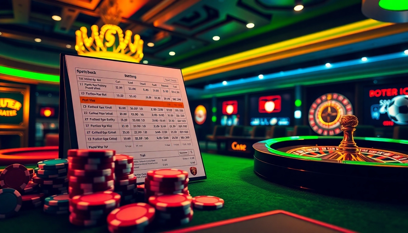 Cá cược bóng đá 6FF betting scene with vibrant tables, odds slips, and exciting gaming atmosphere.