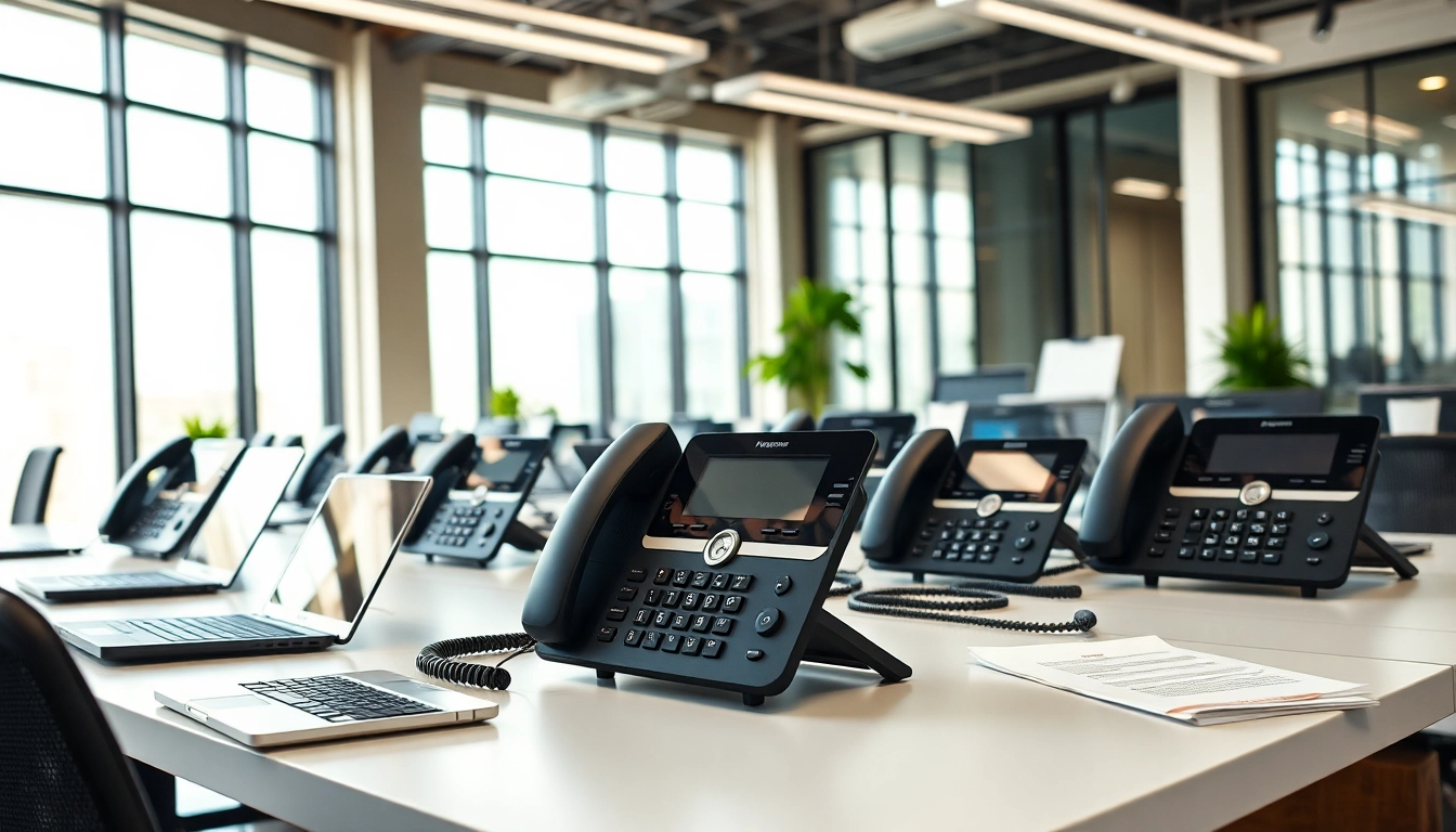 Showcasing modern office phone systems in a sleek corporate environment.
