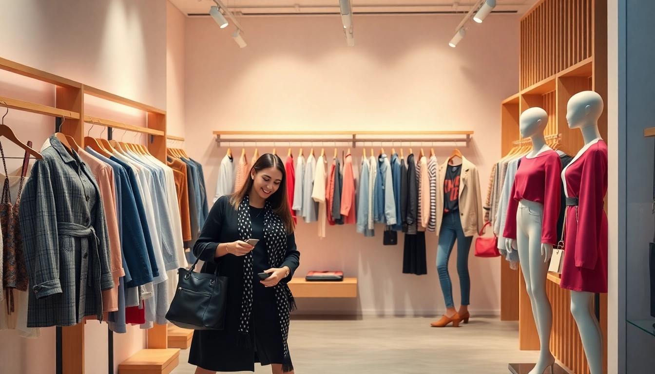Online clothing store showcasing trendy outfits and accessories in a stylish boutique setting.