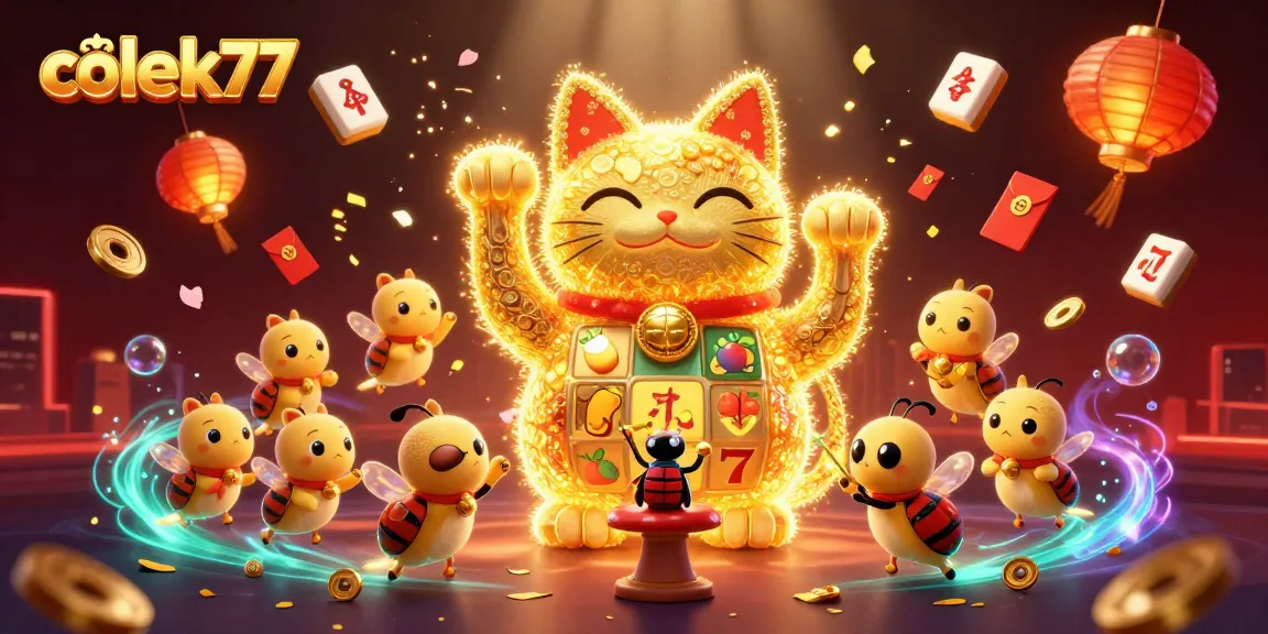 Play and win big with colek77's colorful slot adventure featuring lucky symbols and a vibrant atmosphere.
