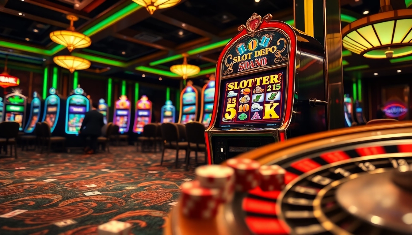 Player engaging with 'Slot Depo 5K' slot machine in a vibrant casino setting.