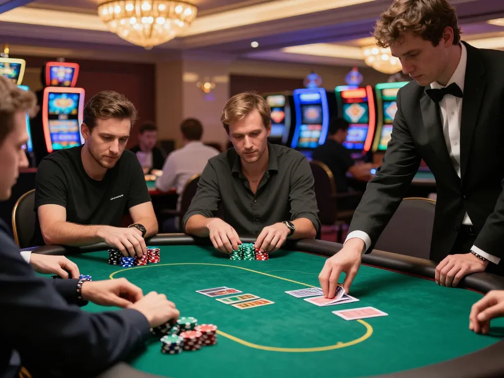 SIN88 poker game in a luxurious casino with engaged players and dramatic lighting, emphasizing strategy.