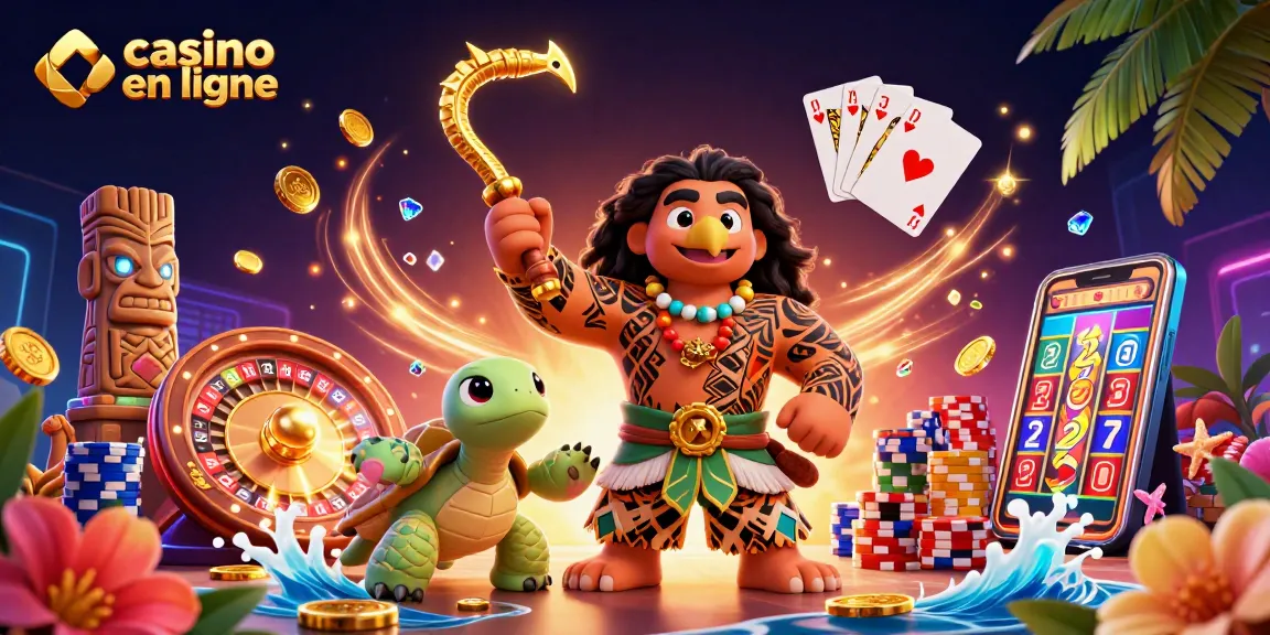 Jouer à des jeux de casino en ligne avec un dieu Maui et une tortue dans un décor vibrant.