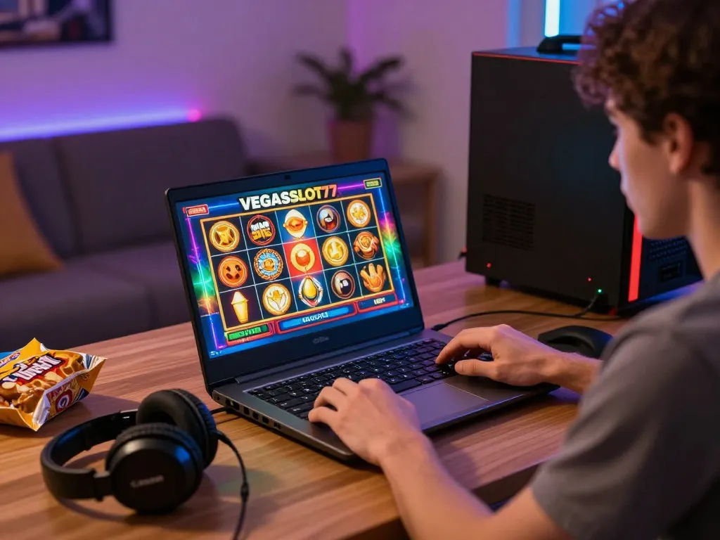 Experience excitement at VEGASSLOT77 with a gamer enjoying an online slot game in a cozy setup.