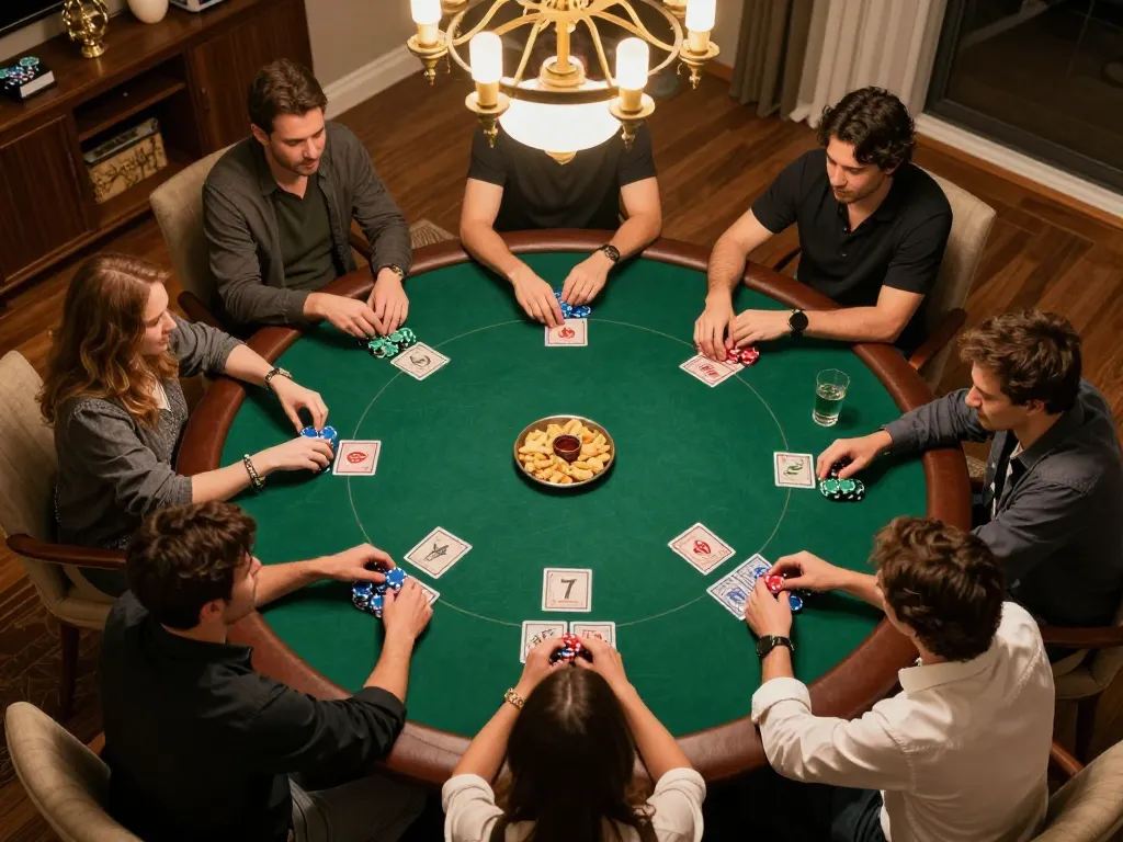 Players engaging in a competitive home poker game night at vipwin, with colorful chips and cards on the table.