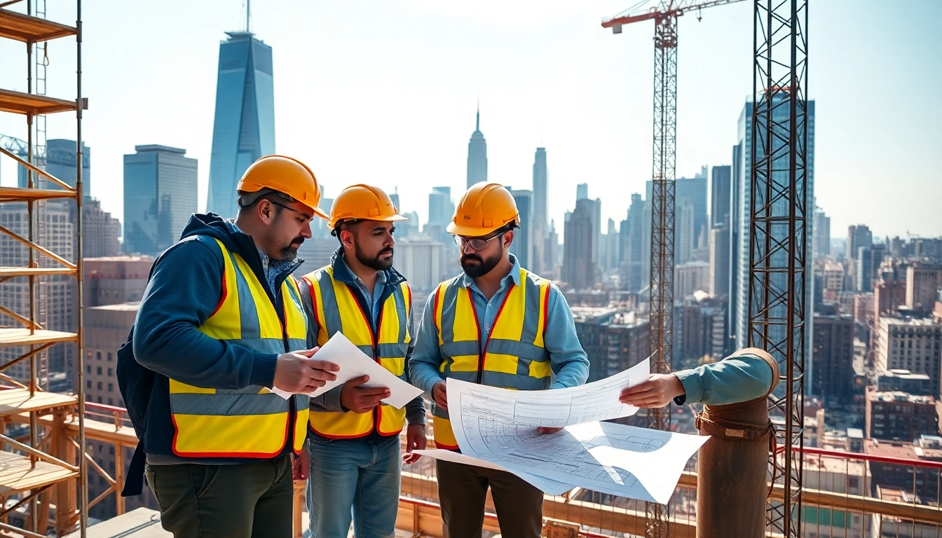 Workers engage on-site showcasing New York General Contractor collaboration in a vibrant construction landscape.