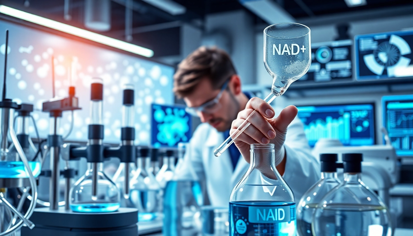 NAD+ molecules featured prominently in a high-tech laboratory, showcasing scientific research.