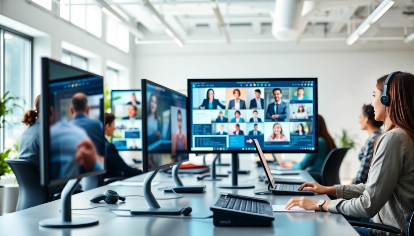 Evaluate call centre software features with a professional display in a modern office.