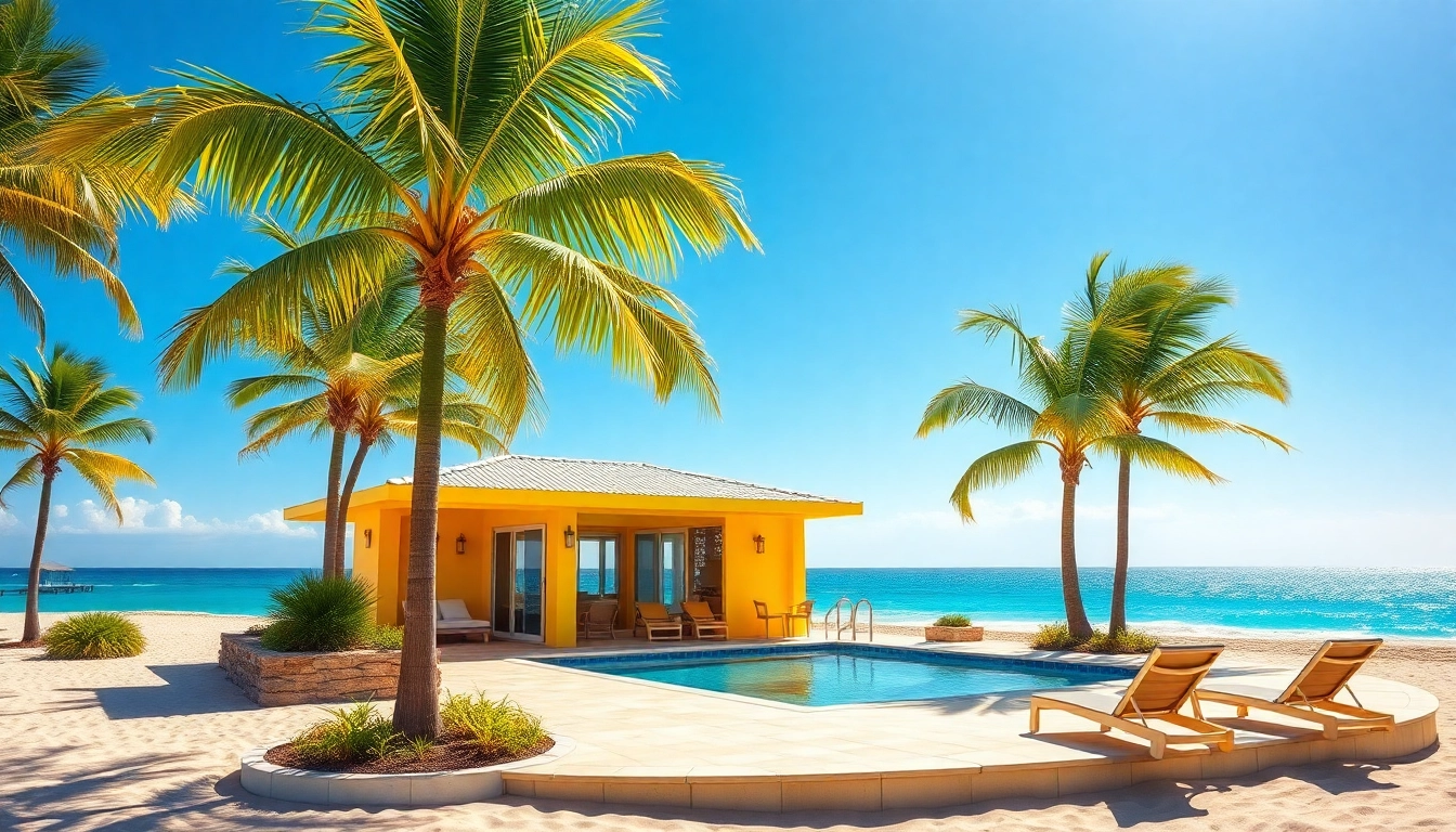Relaxing coastal cabana with inviting pool and beach views, perfect for a sunny getaway.