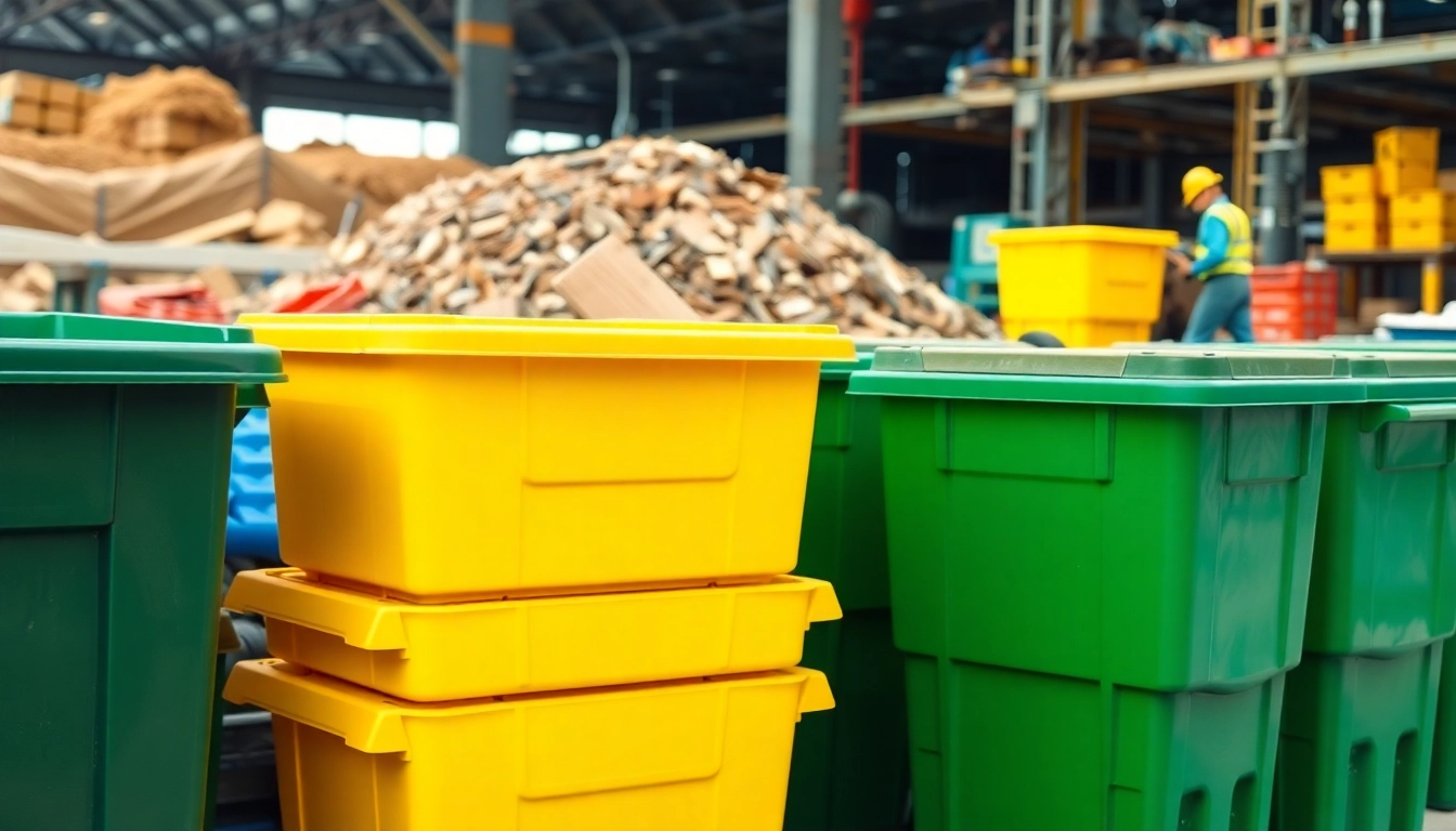 Efficient disposal bins rental service showcasing vibrant yellow and green bins ready for use.
