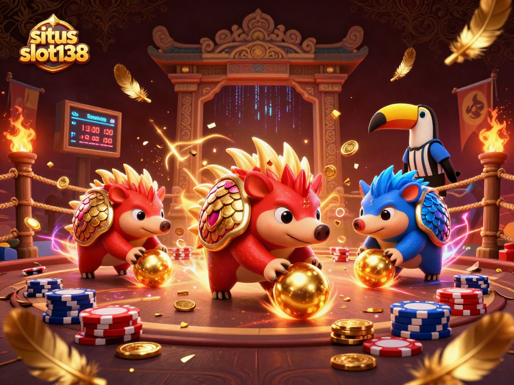 Situs slot138 illustrates rival pangolins competing in a vibrant casino-themed scene.