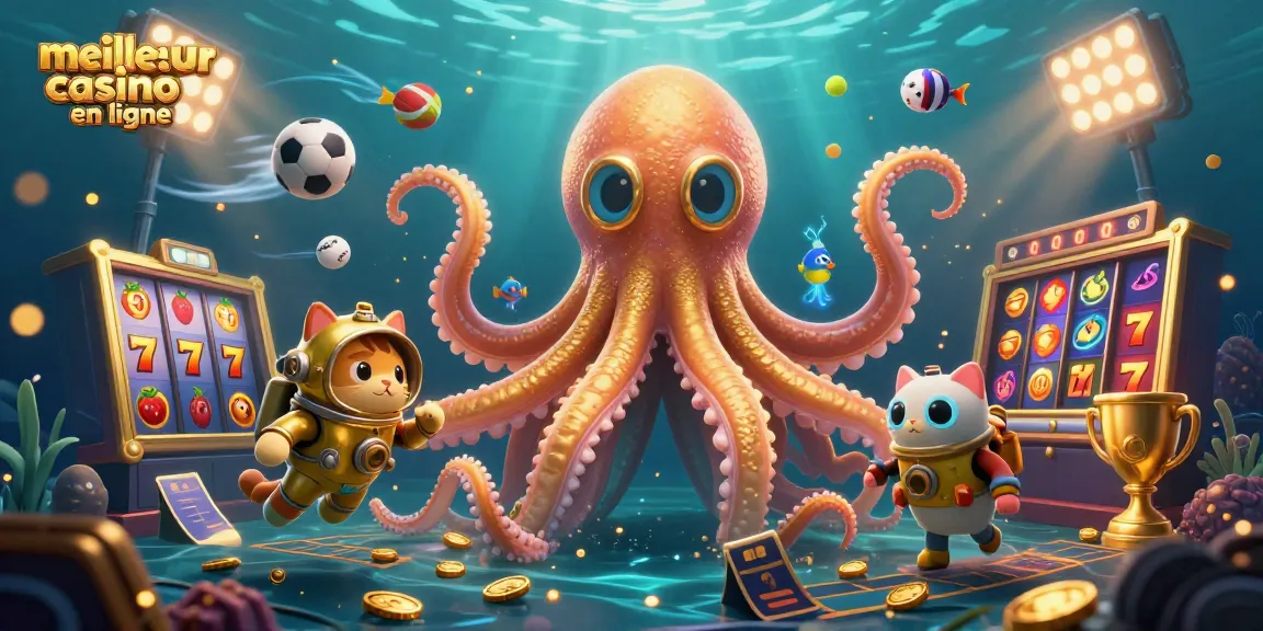 Jouez au meilleur casino en ligne avec un kraken vibrant et un chat plongeur dans un univers aquatique.
